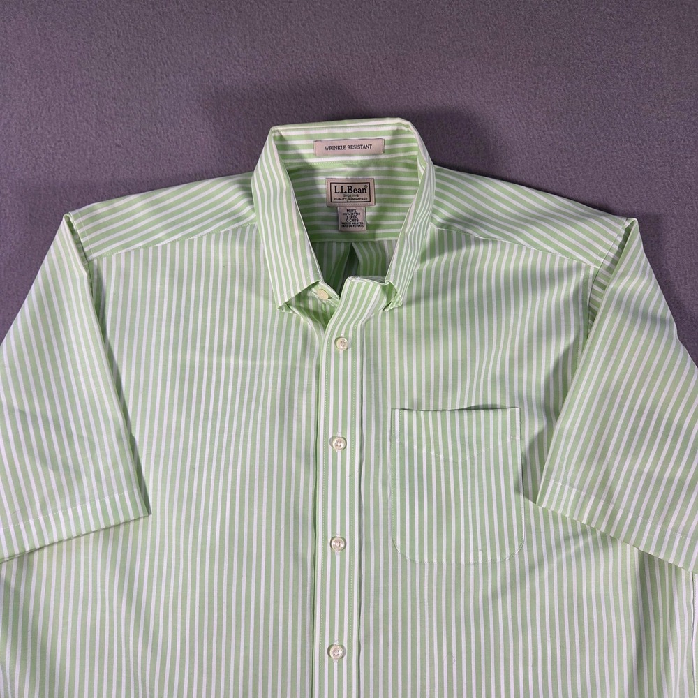 LL Bean Shirt Mens Large Green Striped Button Up Short Sleeve Cotton Collared